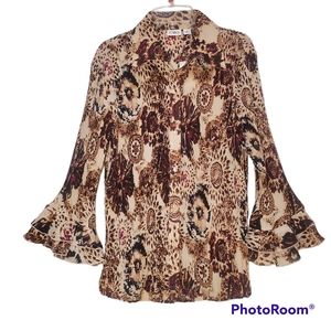 Cato Ribbed Floral Button Up Women's Top Lg
